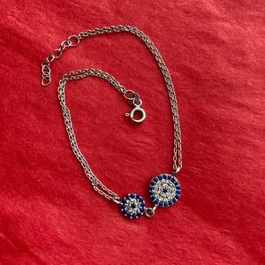 Evil Eye Silver Bracelet, double chain, 925 stamped, 2 eyes with cubic zirconia